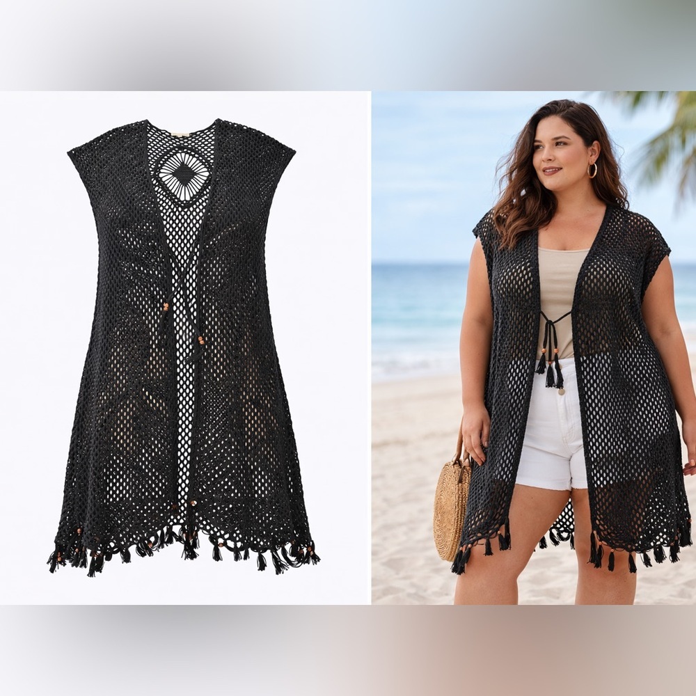 Boho Black Crochet Mesh Kimono Cover-Up Tassel Hem Plus Size 2X‎ - Picture 14 of 14